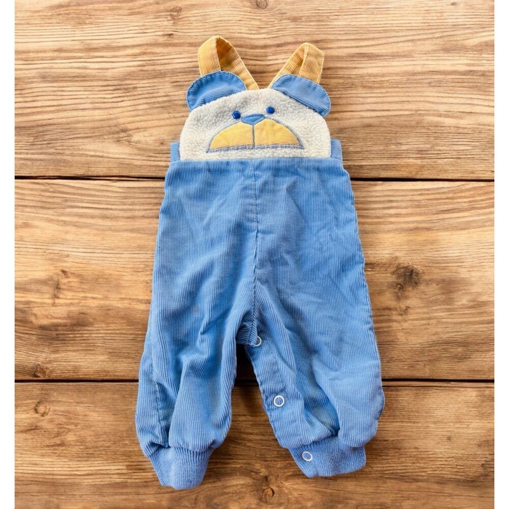 Vintage Baby Boy Blue Health-Tex 3mo Corduroy Bear Overalls 70's